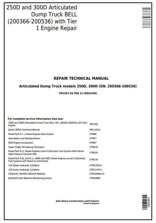 Product picture John Deere 250D, 300D Articulated Dump Truck (BELL SN: 200366-200536) Service Repair Manual (TM1951)