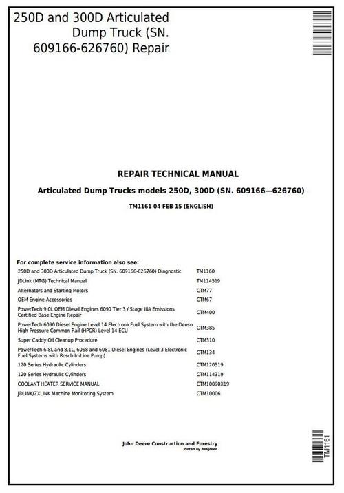 Product picture John Deere 250D,300D Articulated Dump Truck (SN.609166-626760) Service Repair Technical Manual (TM1161)