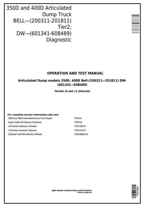 Product picture John Deere 350D, 400D Articulated Dump Truck (BELL, DW) Diagnostic and Test Service Manual (TM1940)