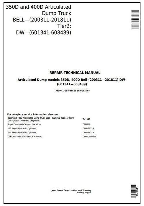 Product picture John Deere 350D and 400D Articulated Dump Truck Service Repair Technical Manual (TM1941)