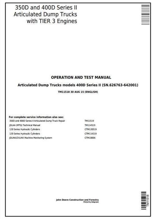 Product picture John Deere 350D,400D S2 Articulated Dump Truck (SN.626763-642001)Diagnostic Service Manual (TM11518)
