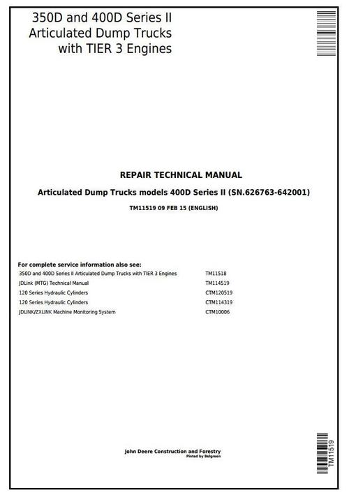 Product picture John Deere 350D,400D Ser.2 (SN.626763-642001) Articulated Dump Truck Service Repair Manual (TM11519)