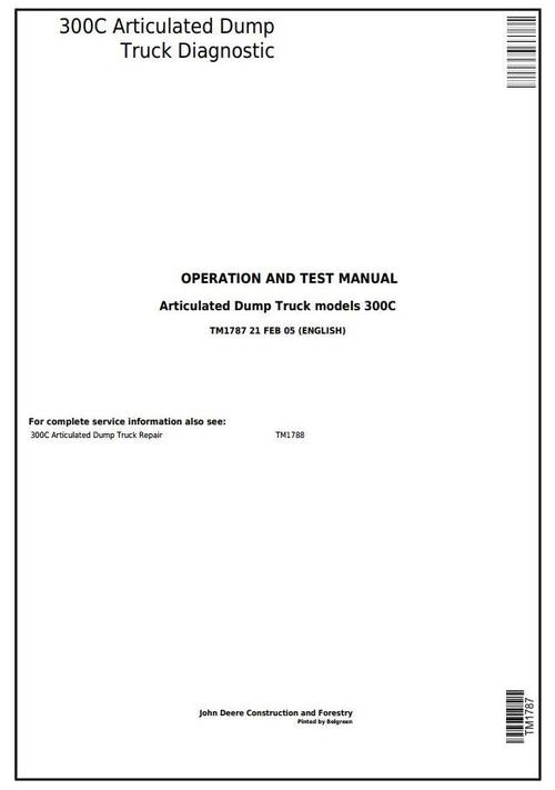 Product picture John Deere 300C Articulated Dump Truck Diagnostic, Operation and Test Service Manual  (tm1787)