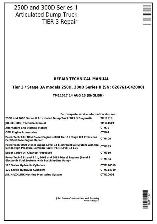 Product picture John Deere 250D, 300D Ser.2 Articulated Dump Truck (SN:626761-642000) Service Repair Manual(TM11517)