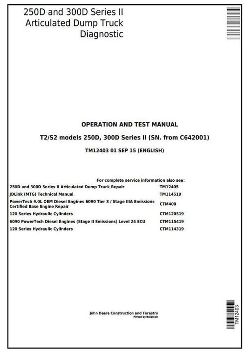 Product picture John Deere 250D, 300D Ser.2 Dump Truck (SN.from C642001) Diagnostic & Test Service Manual (TM12403)