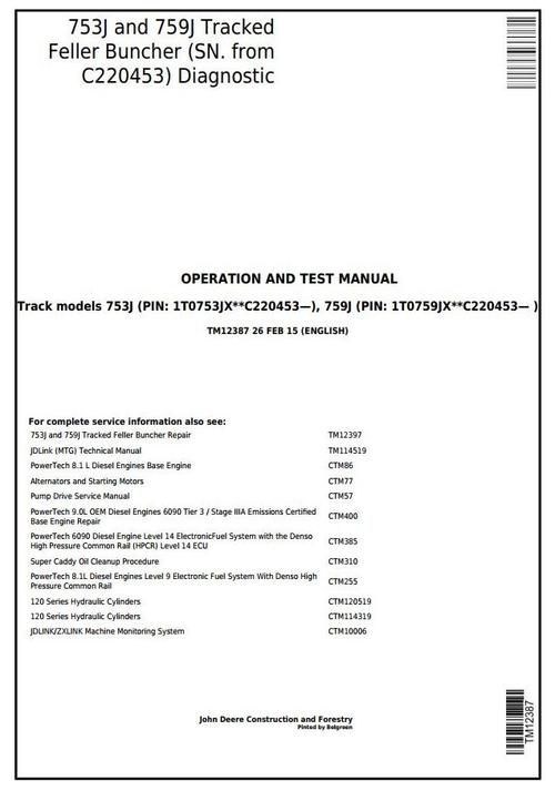 Product picture John Deere 753J, 759J Tracked Harvester (SN.from C220453) Diagnostic & Test Service Manual (TM12387)