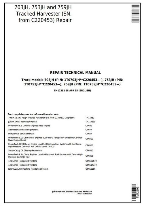 Product picture John Deere 703JH, 753JH, 759JH Tracked Harvester (SN. from C220453) Service Repair Manual (TM12392)