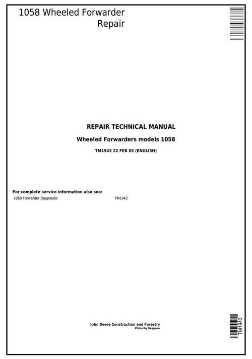 Product picture John Deere 1010B, 1058 Wheeled Forwarder Service Repair Technical Manual (tm1943)