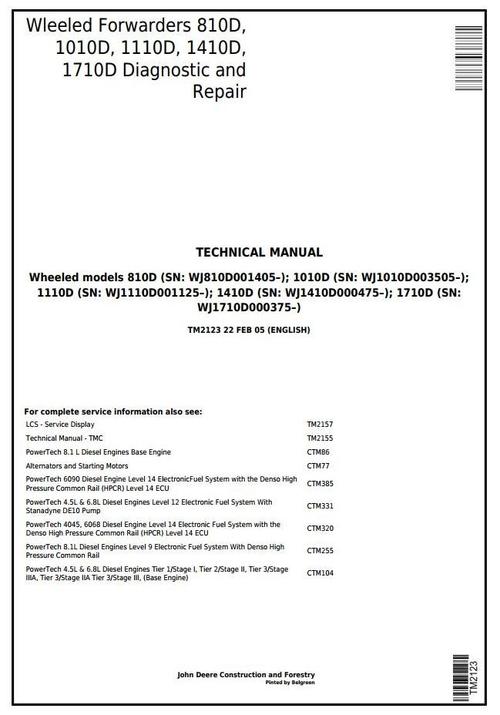 Product picture John Deere / TIMBERJACK 810D, 1010D, 1110D, 1410D, 1710D Wheeled Forwarder Technical Service Manual (tm2123)
