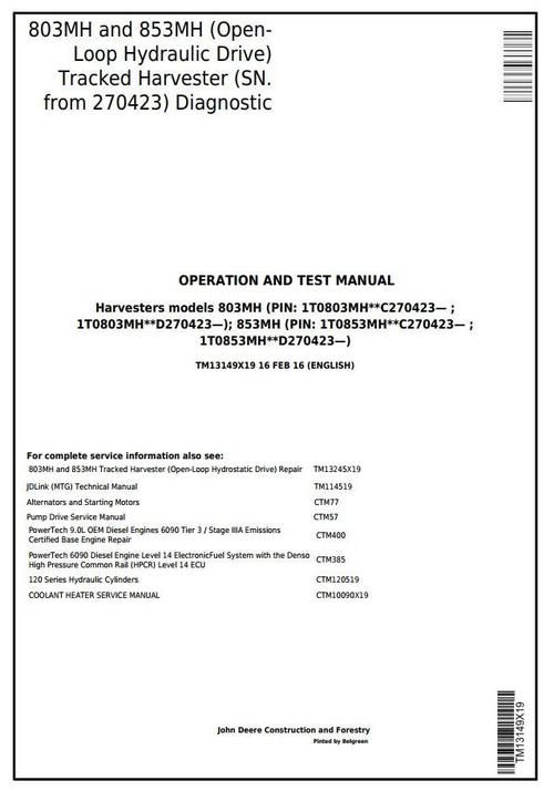 Product picture John Deere 803MH, 853MH (Open-Loop) Harvester(SN.from 270423) Diagnostic Service Manual (TM13149X19)