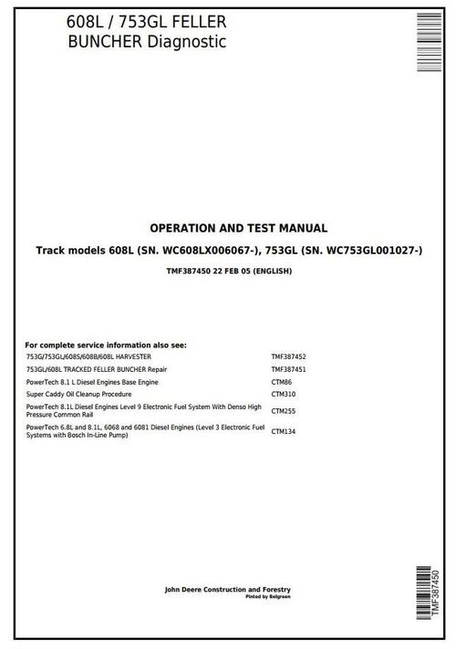 Product picture Timberjack/John Deere 608L, 753GL Feller Buncher (Track Harvester) Diagnostic Service Manual (tmf387450)