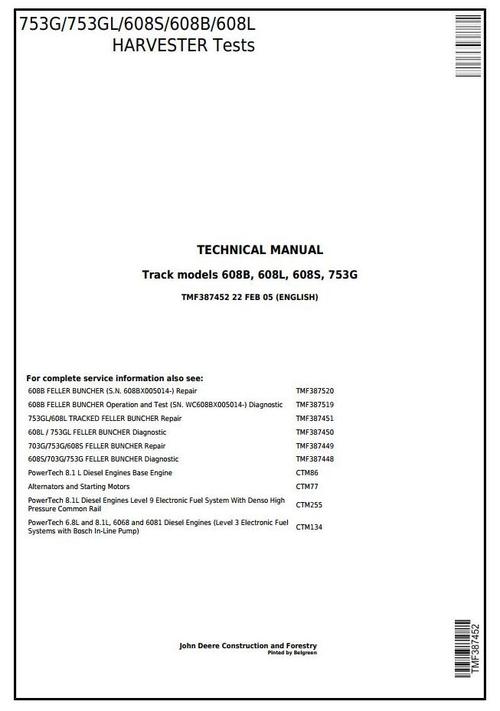 Product picture TIMBERJACK/John Deere 753G, 753GL, 608S, 608B, 608L Harvester/Feller Buncher Tests Manual(tmf387452)