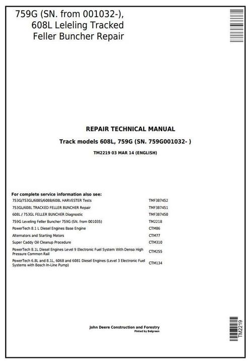 Product picture John Deere 759G (SN.001032-), 608L Tracked Feller Buncher (Harvester) Service Repair Manual (TM2219)