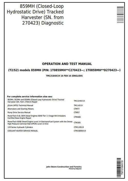 Product picture John Deere 859MH (Closed-Loop Hydr.Div) Harvester(SN.270423-) Diagnostic Service Manual (TM13184X19)