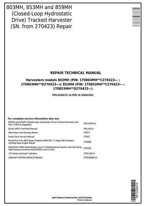 Product picture John Deere 803MH, 853MH, 859MH(Closed-Loop Hydr.Drv) Harvester (SN.270423-) Repair Manual (TM13246X19)