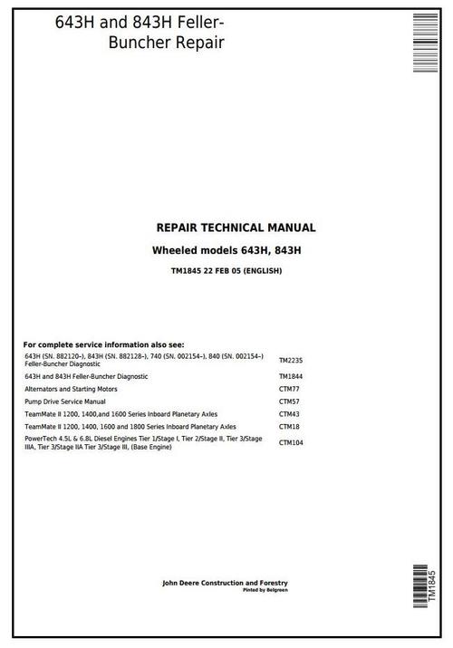 Product picture John Deere 643H and 843H Wheeled Feller Buncher Service Repair Technical Manual (tm1845)