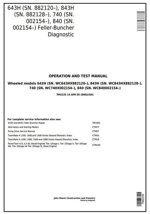 Product picture John Deere 643H,843H(SN.882128),740,840(SN.02154) Feller Buncher Diagnostic Service Manual(tm2235)