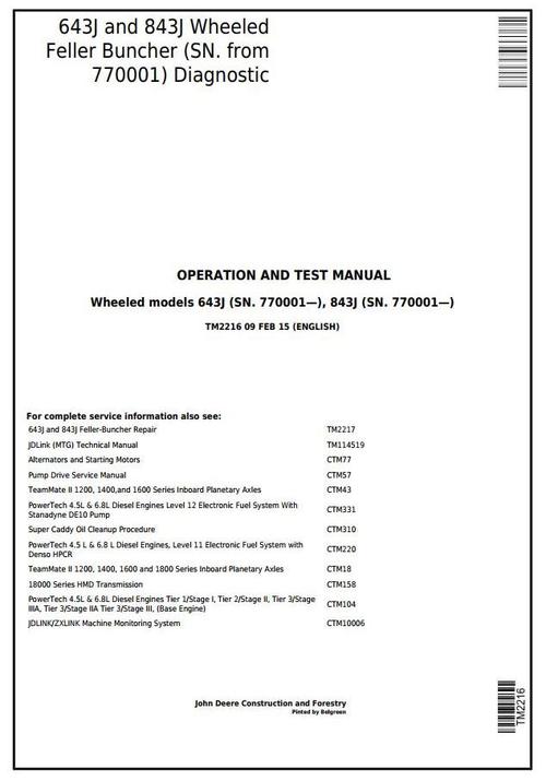 Product picture John Deere 643J,843J (SN.770001-) Wheeled Feller Buncher/Harvester Diagnostic Service Manual(TM2216)