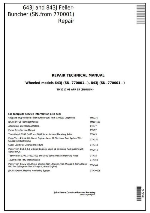 Product picture John Deere 643J, 843J (SN.770001-) Wheeled Feller Buncher / Harvester Sevice Repair Manual (TM2217)