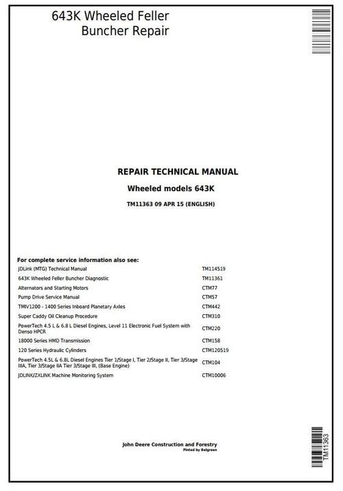 Product picture John Deere 643K Wheeled Harvester / Feller Buncher Service Repair Technical Manual (TM11363)