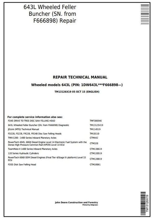 Product picture John Deere 643L (SN. F666898-) Wheeled  Feller Buncher Service Repair Technical Manual (TM13126X19)