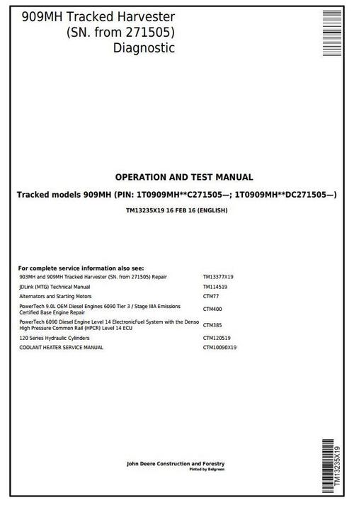 Product picture John Deere 909MH (SN.271505-) Tracked Harvester Diagnostic and Test Service Manual (TM13235X19)