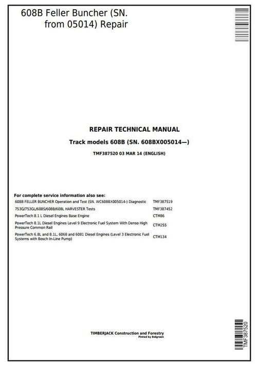 Product picture Timberjack / John Deere 608B (SN.05014-) Tracked Feller Buncher Technical Service Manual (tmf387520)