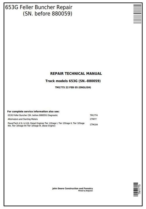 Product picture John Deere 653G (SN. before 880059) Tracked Feller Buncher Service Repair Technical Manual (tm1775)