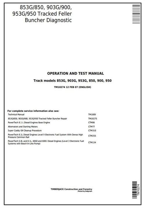 Product picture John Deere 853G/850, 903G/900, 953G/950 Tracked Feller Buncher Diagnostic Service Manual (tm10274)