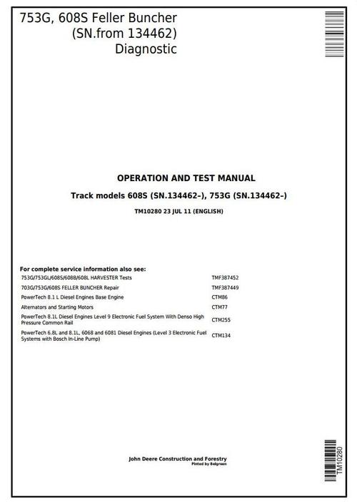 Product picture John Deere 753G, 608S (SN.134462-) Tracked Feller Buncher Diagnostic & Test Service Manual (TM10280)