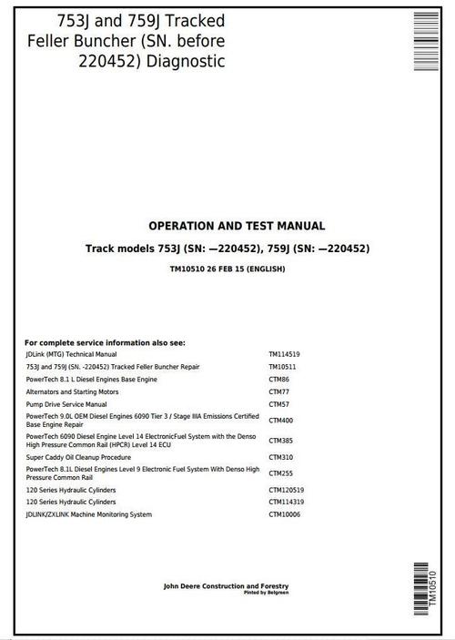 Product picture John Deere 753J, 759J (SN.-220452) Tracked Feller Buncher Diagnostic & Test Service Manual (TM10510)