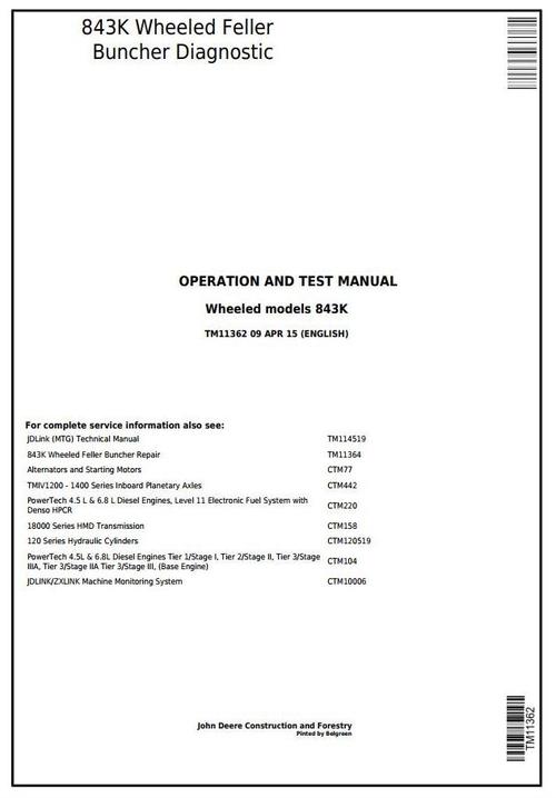 Product picture John Deere 843K Wheeled Feller Buncher Diagnostic, Operation and Test Service Manual (TM11362)