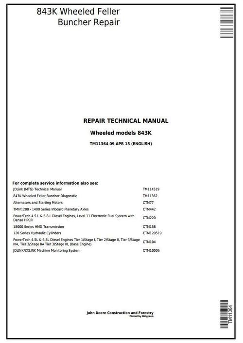 Product picture John Deere 843K Wheeled Feller Buncher Service Repair Technical Manual (TM11364)