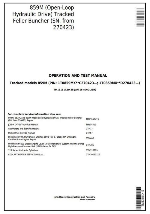 Product picture John Deere 859M(Open-Loop Hyd.Drv) Feller Buncher (SN.270423-) Diagnostic Service Manual(TM13181X19)