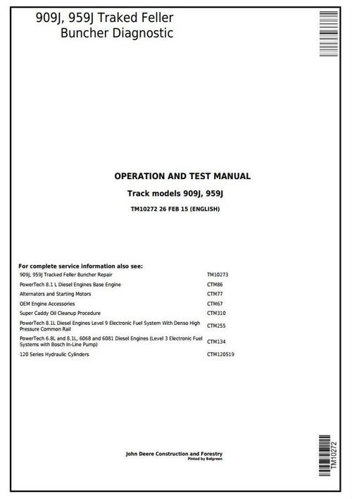 Product picture John Deere 909J, 959J Traked Feller Buncher Diagnostic, Operation and Test Service Manual  (TM10272)