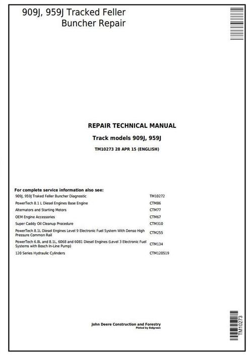 Product picture John Deere 909J, 959J Tracked Feller Buncher Service Repair Technical Manual (TM10273)