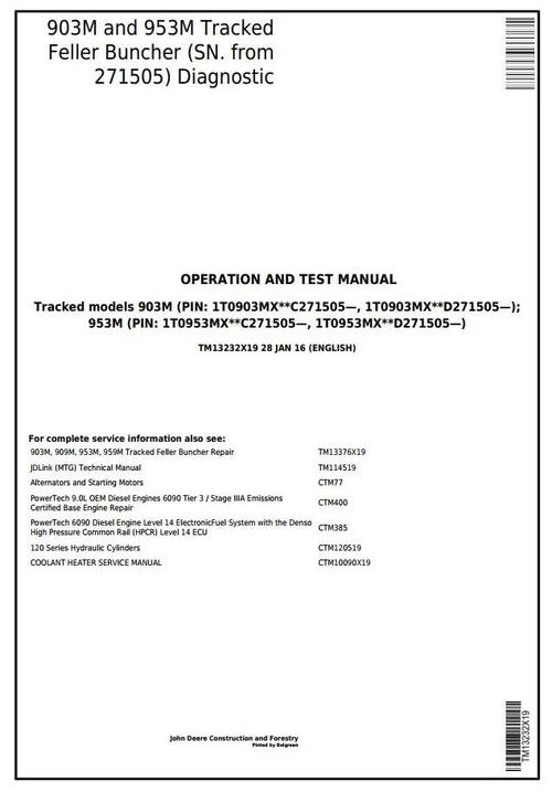 Product picture John Deere 903M, 953M (SN.271505-)Track Feller Buncher Diagnostic & Test Service Manual (TM13232X19)