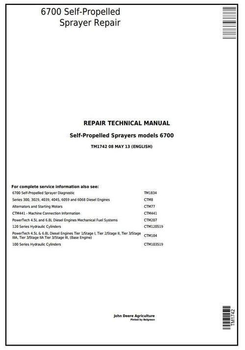 Product picture John Deere 6700 Self-Propelled Sprayer Service Repair Technical Manual (TM1742)