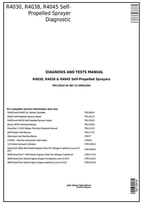 Product picture John Deere R4030, R4038, R4045 Self-Propelled Sprayer Diagnostic and Tests Service Manual (TM115819)