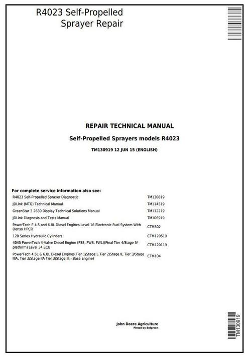 Product picture John Deere R4023 Self-Propelled Sprayers Service Repair Technical Manual (TM130919)