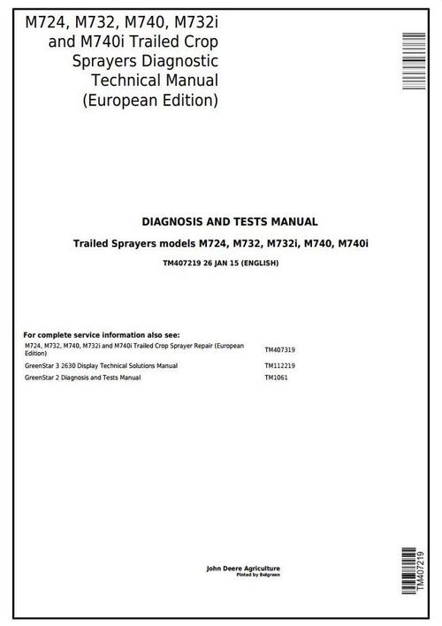 Product picture John Deere M724, M732, M740, M732i, M740i Trailed Crop Sprayers Diagnostic Service Manual (TM407219)