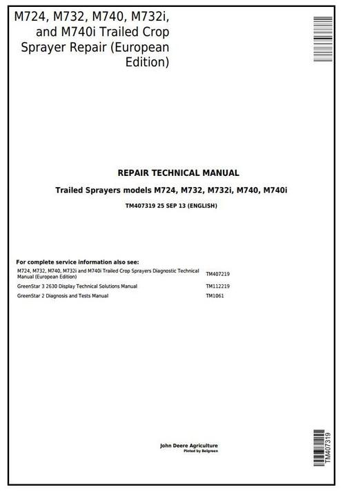 Product picture John Deere M724, M732, M740, M732i, M740i Trailed Crop Sprayers Service Repair Tech.Manual(TM407319)