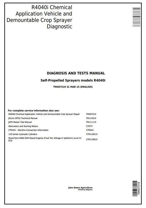 Product picture John Deere R4040i Demountable Self-Propelled Crop Sprayer Diagnostic&Tests Service Manual (TM407519)