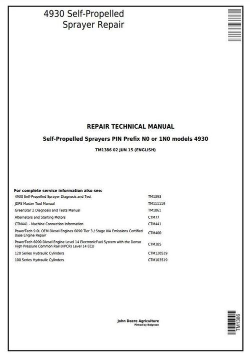 Product picture John Deere 4930 Self-Propelled Sprayers Service Repair Technical Manual (TM1386)