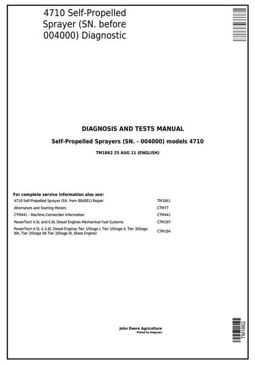 Product picture John Deere 4710 Self-Propelled Sprayers (SN. -004000) Diagnostic & Tests Service Manual (TM1862)