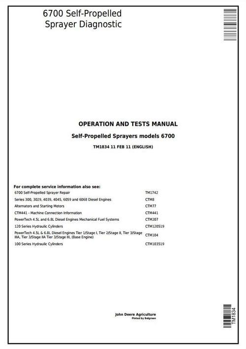 Product picture John Deere 6700 Self-Propelled Sprayers Diagnostic and Tests Service Manual (TM1834)