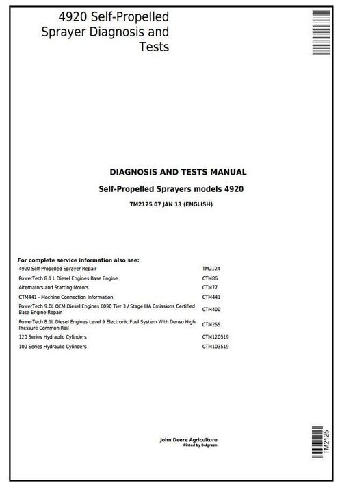Product picture John Deere 4920 Self-Propelled Sprayers Diagnostic and Tests Service Manual (TM2125)