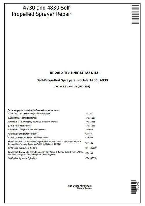Product picture John Deere 4730 and 4830 Self-Propelled Sprayers Service Repair Technical Manual (TM2368)