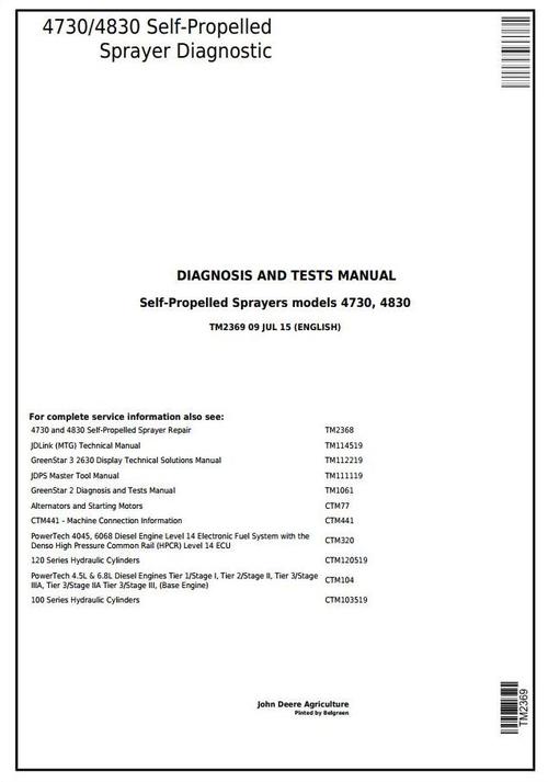 Product picture John Deere 4730,4830 Self-Propelled Sprayers Diagnostic and Tests Service Manual (TM2369)