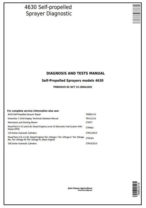 Product picture John Deere 4630 Self-propelled Sprayer (PIN Prefix 1NW) Diagnostic & Tests Service Manual (TM803019)